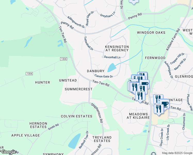 map of restaurants, bars, coffee shops, grocery stores, and more near 402 Canon Gate Drive in Cary