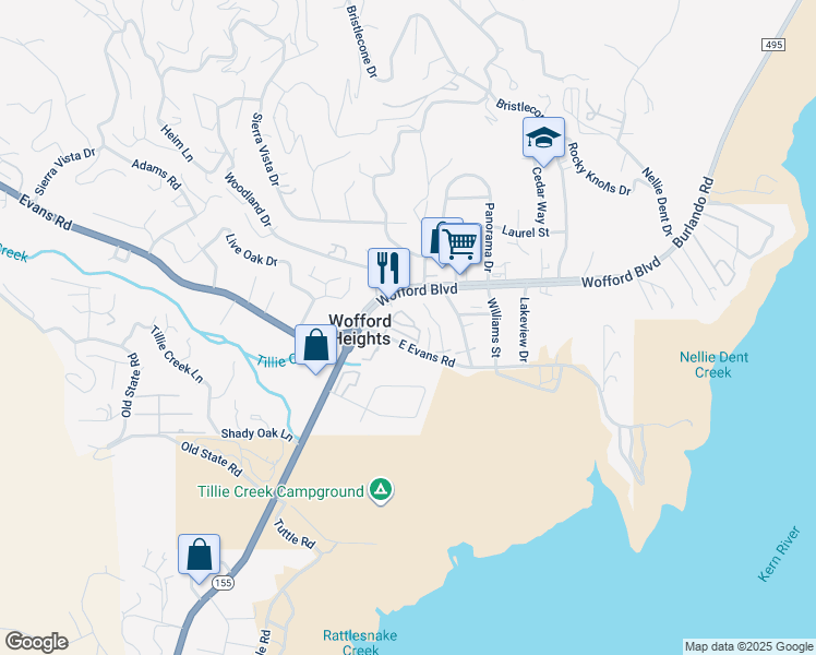 map of restaurants, bars, coffee shops, grocery stores, and more near 35 East Evans Road in Wofford Heights