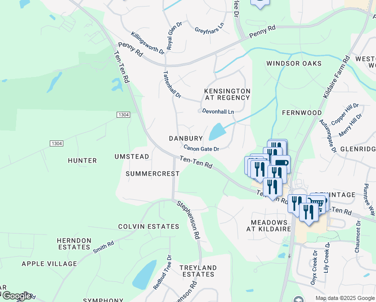 map of restaurants, bars, coffee shops, grocery stores, and more near 402 Canon Gate Drive in Cary