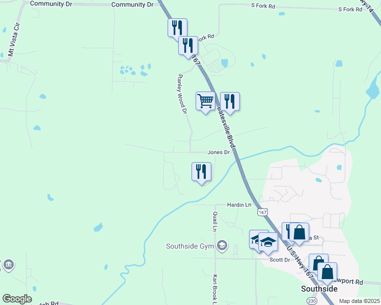 map of restaurants, bars, coffee shops, grocery stores, and more near 76 Jones Drive in Batesville