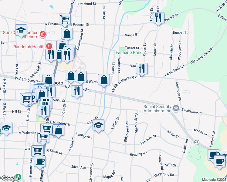 map of restaurants, bars, coffee shops, grocery stores, and more near 506 Martin Luther King Junior Drive in Asheboro