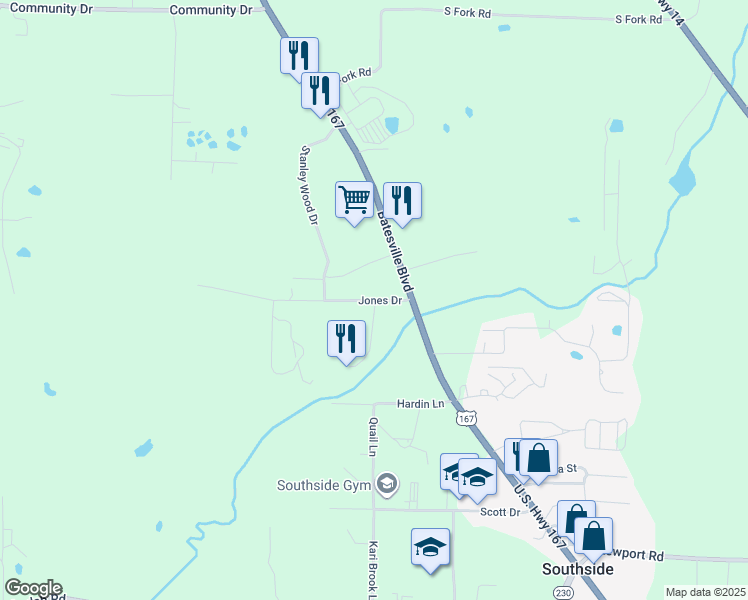 map of restaurants, bars, coffee shops, grocery stores, and more near 20 Jones Drive in Batesville