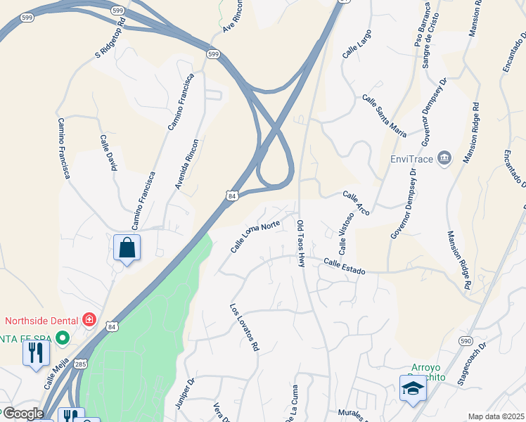 map of restaurants, bars, coffee shops, grocery stores, and more near 340 Calle Loma Norte in Santa Fe