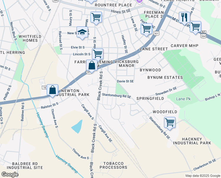map of restaurants, bars, coffee shops, grocery stores, and more near 1512 Lewis Street Southeast in Wilson