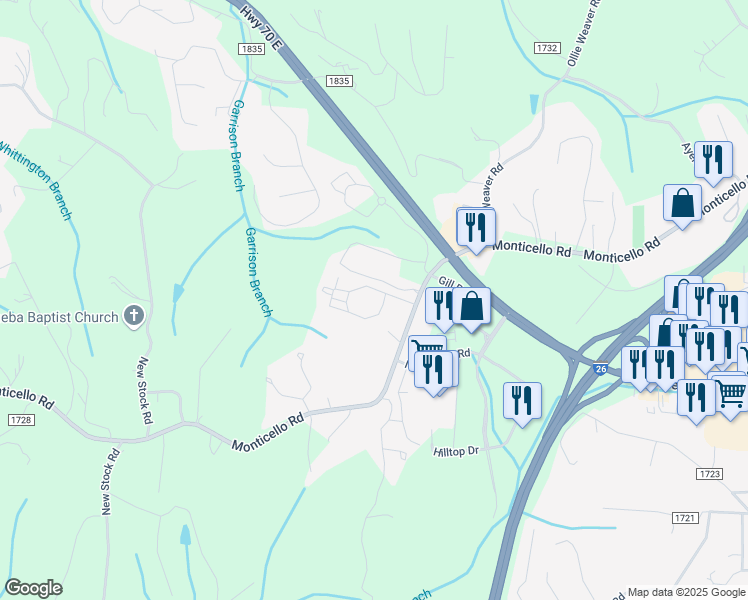 map of restaurants, bars, coffee shops, grocery stores, and more near 20 Weaver View Circle in Weaverville