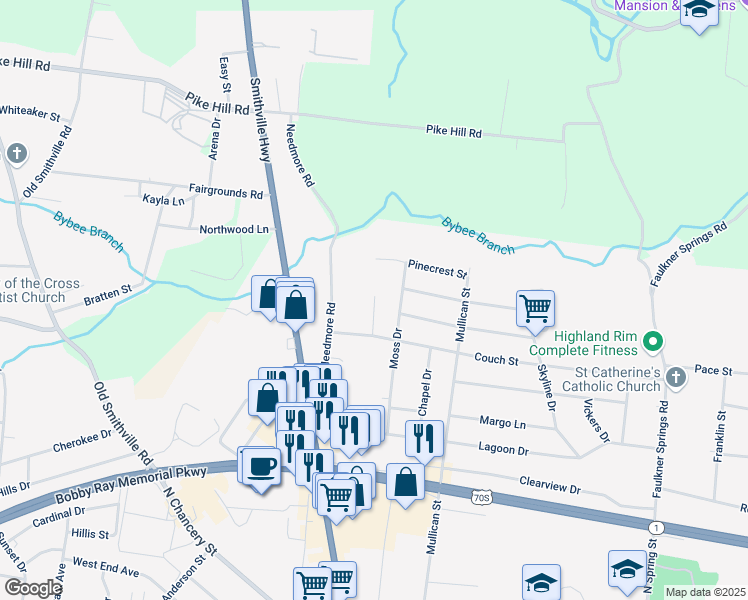 map of restaurants, bars, coffee shops, grocery stores, and more near 408 Needmore Road in McMinnville