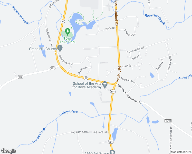 map of restaurants, bars, coffee shops, grocery stores, and more near 39 Whispering Meadows Lane in Pittsboro