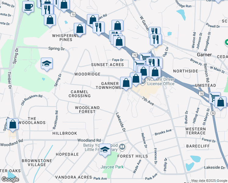 map of restaurants, bars, coffee shops, grocery stores, and more near 522 Garner Townes Lane in Garner