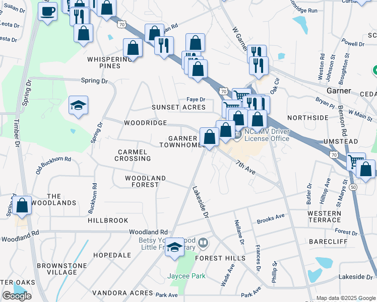 map of restaurants, bars, coffee shops, grocery stores, and more near 522 Garner Townes Lane in Garner