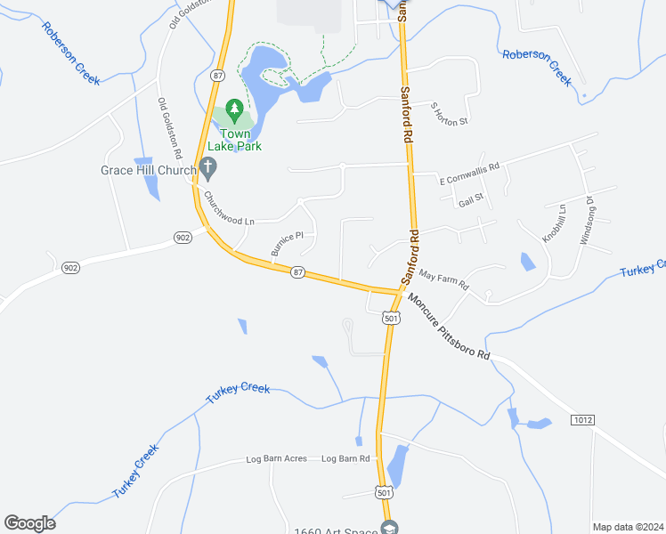 map of restaurants, bars, coffee shops, grocery stores, and more near 39 Whispering Meadows Lane in Pittsboro