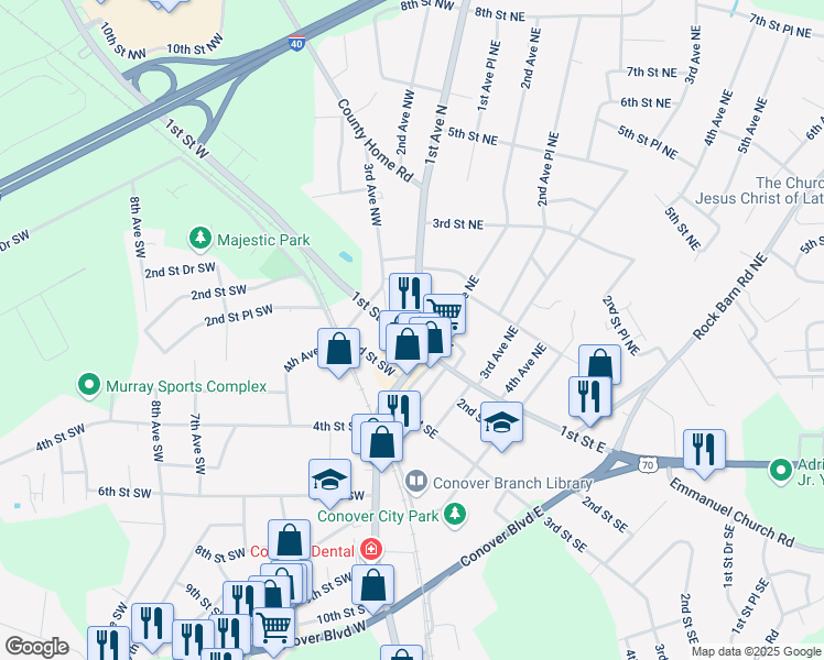 map of restaurants, bars, coffee shops, grocery stores, and more near 126 1st Street West in Hickory