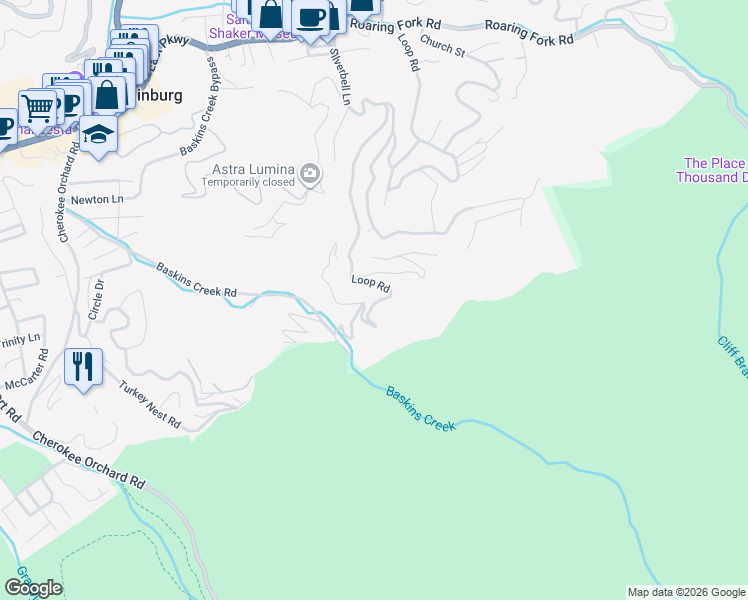 map of restaurants, bars, coffee shops, grocery stores, and more near 610 Loop Road in Gatlinburg