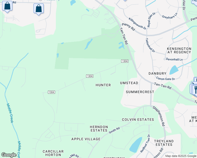 map of restaurants, bars, coffee shops, grocery stores, and more near 2704 Hurdover Road in Apex