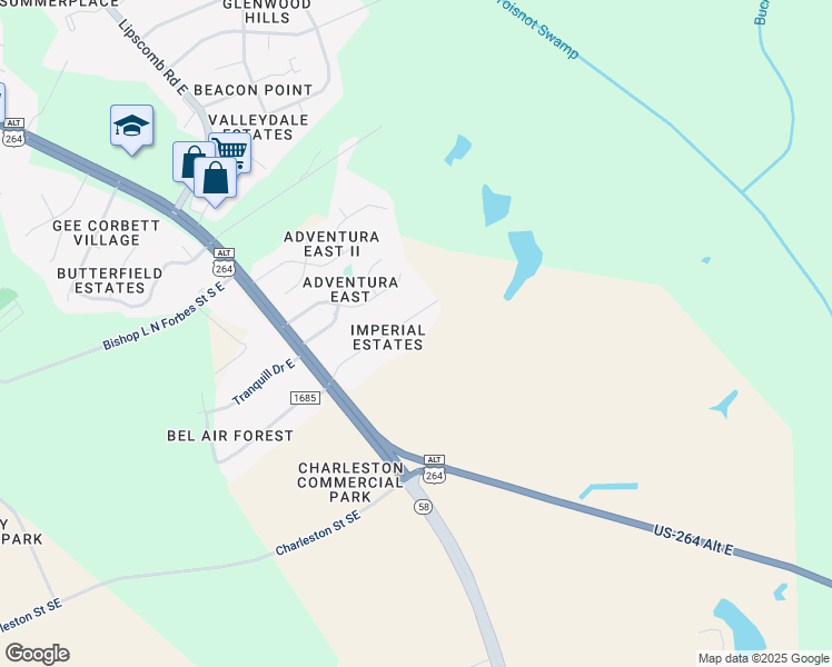 map of restaurants, bars, coffee shops, grocery stores, and more near 2222 Imperial Avenue East in Wilson