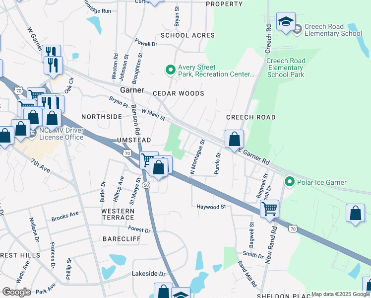 map of restaurants, bars, coffee shops, grocery stores, and more near 153 Pearl Street in Garner