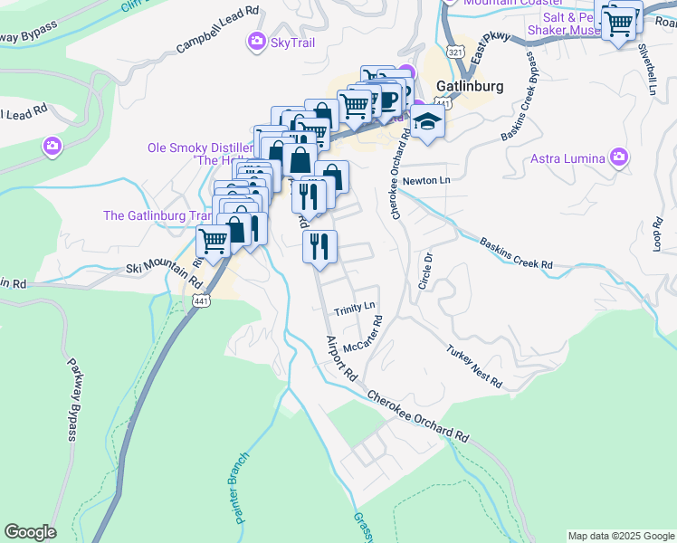map of restaurants, bars, coffee shops, grocery stores, and more near 311 Historic Nature Trail in Gatlinburg