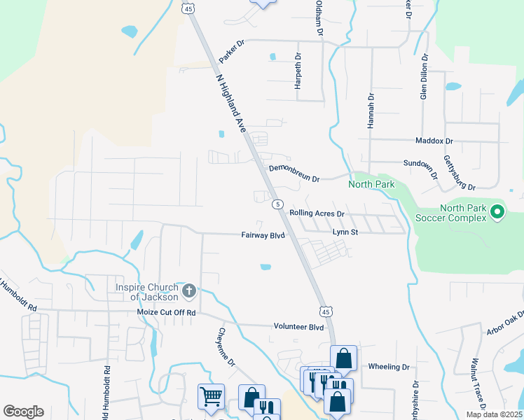 map of restaurants, bars, coffee shops, grocery stores, and more near 3517 Highway 45 N in Jackson