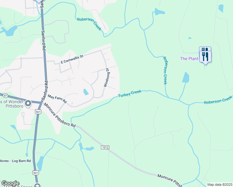 map of restaurants, bars, coffee shops, grocery stores, and more near 68 Brookridge Court in Pittsboro