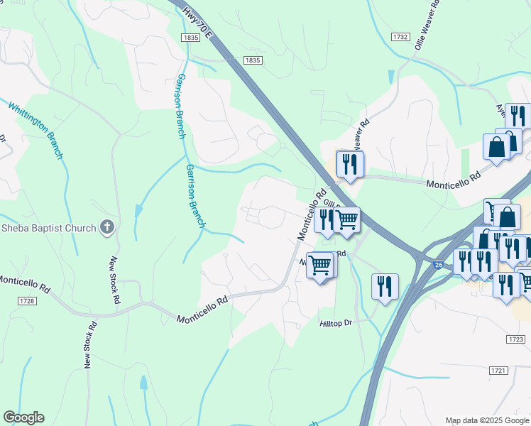 map of restaurants, bars, coffee shops, grocery stores, and more near Monticello Road in Weaverville