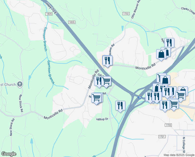 map of restaurants, bars, coffee shops, grocery stores, and more near 128 Monticello Road in Weaverville