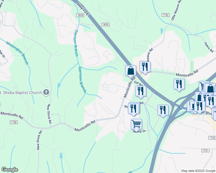 map of restaurants, bars, coffee shops, grocery stores, and more near 59 Weaver View Circle in Weaverville