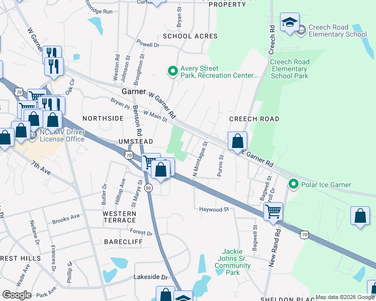 map of restaurants, bars, coffee shops, grocery stores, and more near 103 Pearl Street in Garner