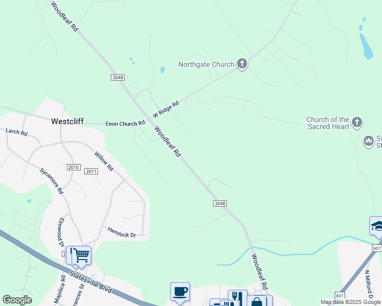 map of restaurants, bars, coffee shops, grocery stores, and more near 3040 Woodleaf Road in Salisbury