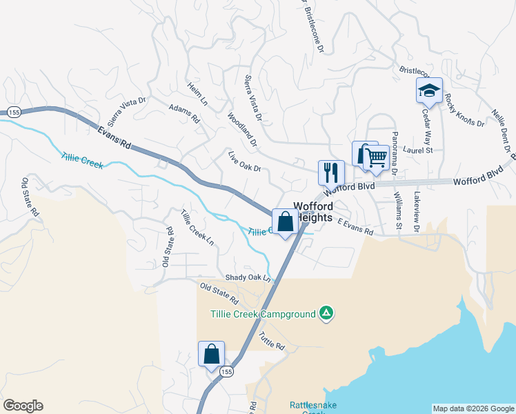 map of restaurants, bars, coffee shops, grocery stores, and more near Evans Road in Wofford Heights
