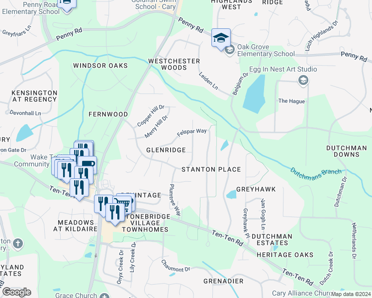 map of restaurants, bars, coffee shops, grocery stores, and more near 102 Rockhaven Court in Cary