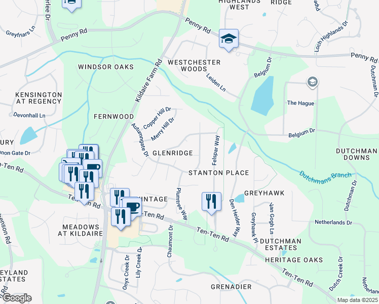 map of restaurants, bars, coffee shops, grocery stores, and more near 104 Rockhaven Court in Cary