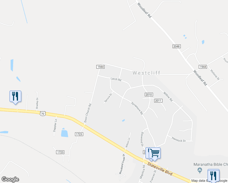 map of restaurants, bars, coffee shops, grocery stores, and more near 408 Sycamore Road in Salisbury