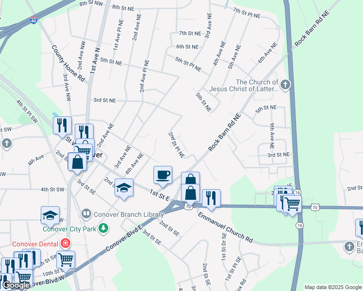 map of restaurants, bars, coffee shops, grocery stores, and more near 505 2nd Street Place Northeast in Conover