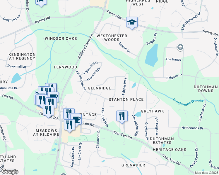map of restaurants, bars, coffee shops, grocery stores, and more near 104 Rockhaven Court in Cary
