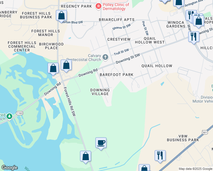 map of restaurants, bars, coffee shops, grocery stores, and more near 2519 Crystal Drive Southeast in Wilson
