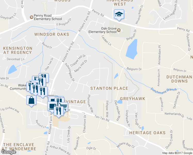 map of restaurants, bars, coffee shops, grocery stores, and more near 102 Rockhaven Court in Cary