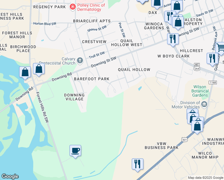 map of restaurants, bars, coffee shops, grocery stores, and more near 2209 Cockran Street Southwest in Wilson