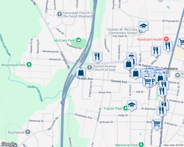 map of restaurants, bars, coffee shops, grocery stores, and more near 130 North McCrary Street in Asheboro