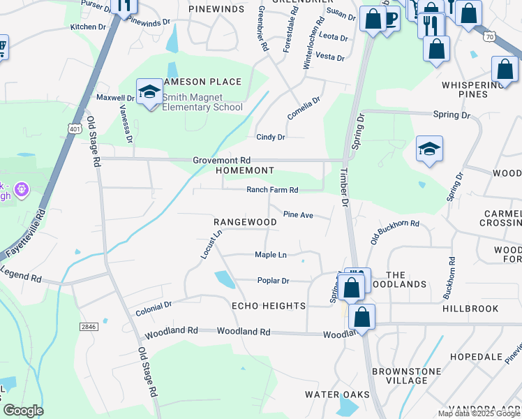 map of restaurants, bars, coffee shops, grocery stores, and more near 5408 Juniper Avenue in Raleigh