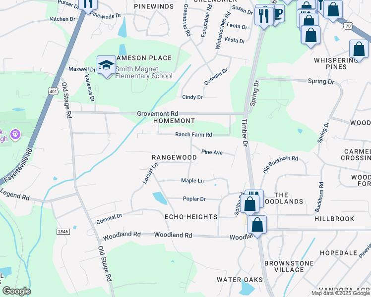 map of restaurants, bars, coffee shops, grocery stores, and more near 5408 Juniper Avenue in Raleigh