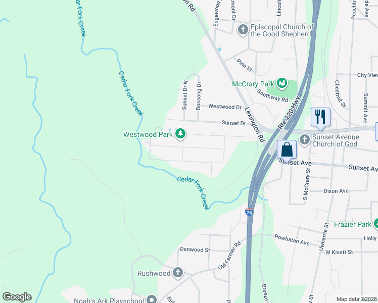 map of restaurants, bars, coffee shops, grocery stores, and more near 1455 Sunset Avenue in Asheboro