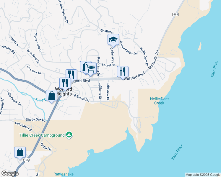 map of restaurants, bars, coffee shops, grocery stores, and more near 41 Lakeview Drive in Wofford Heights
