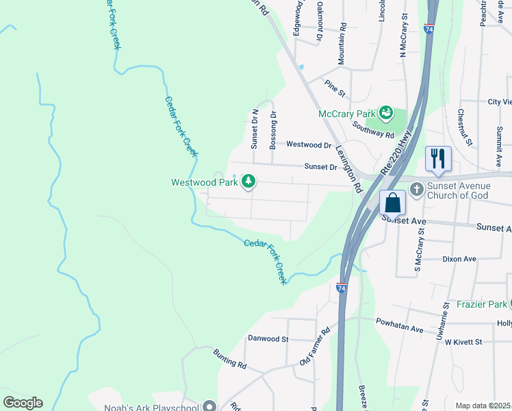 map of restaurants, bars, coffee shops, grocery stores, and more near 1455 Sunset Avenue in Asheboro