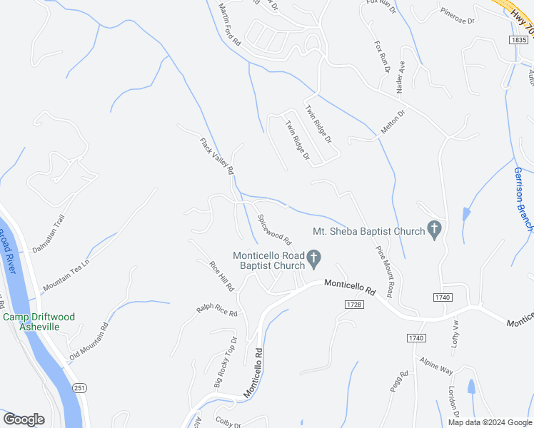 map of restaurants, bars, coffee shops, grocery stores, and more near 65 Spicewood Road in Weaverville