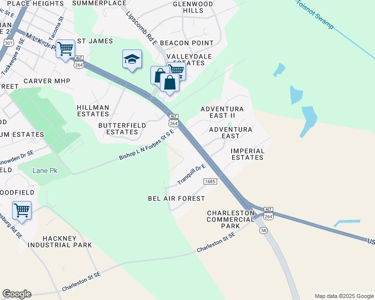 map of restaurants, bars, coffee shops, grocery stores, and more near 2208 Martin Luther King Junior Parkway in Wilson