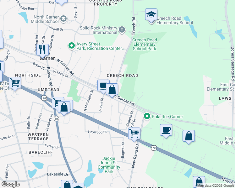 map of restaurants, bars, coffee shops, grocery stores, and more near 103 East Garner Road in Garner