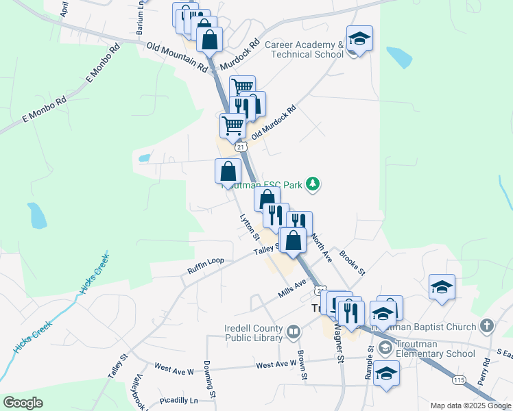 map of restaurants, bars, coffee shops, grocery stores, and more near 421 North Main Street in Troutman
