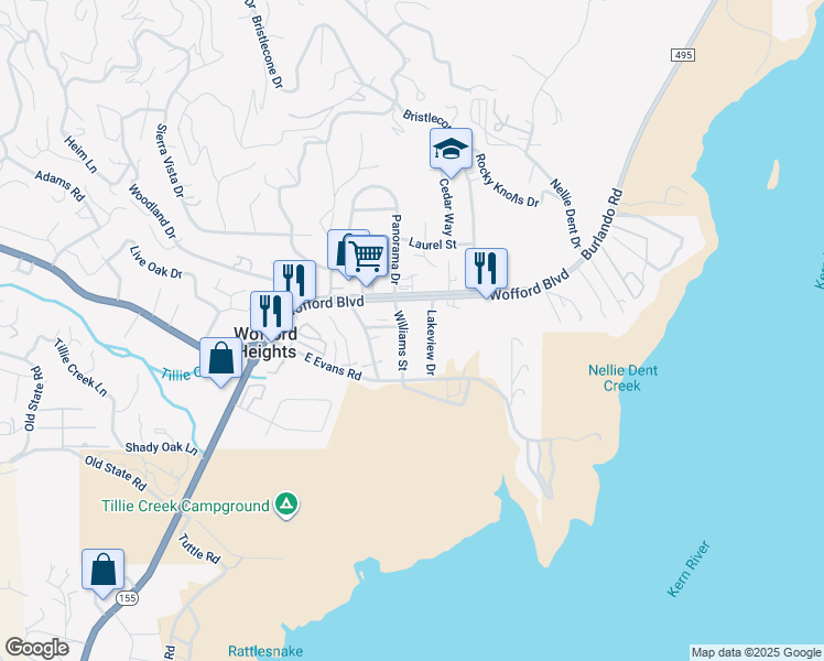 map of restaurants, bars, coffee shops, grocery stores, and more near 33 Williams Street in Wofford Heights