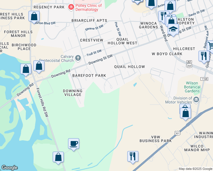 map of restaurants, bars, coffee shops, grocery stores, and more near 2208 Smallwood Street Southwest in Wilson