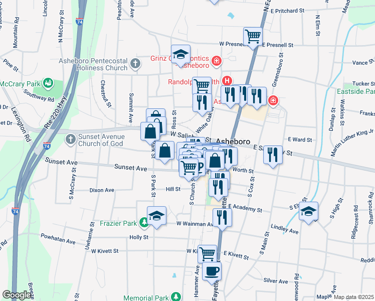 map of restaurants, bars, coffee shops, grocery stores, and more near 347 West Salisbury Street in Asheboro