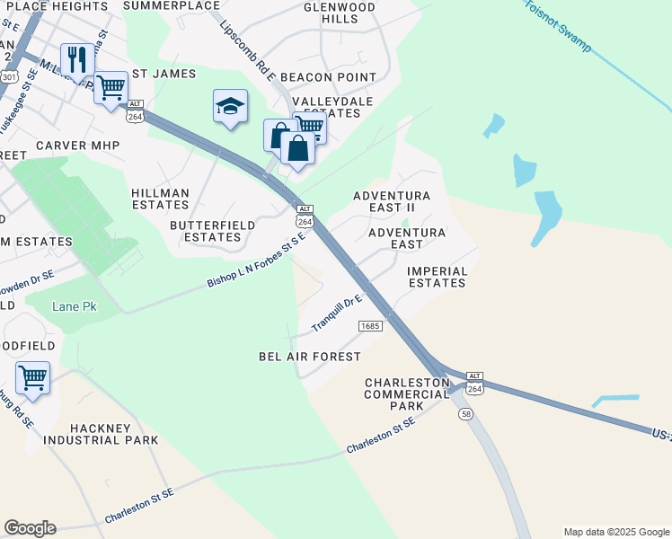 map of restaurants, bars, coffee shops, grocery stores, and more near 2208 Martin Luther King Junior Parkway in Wilson